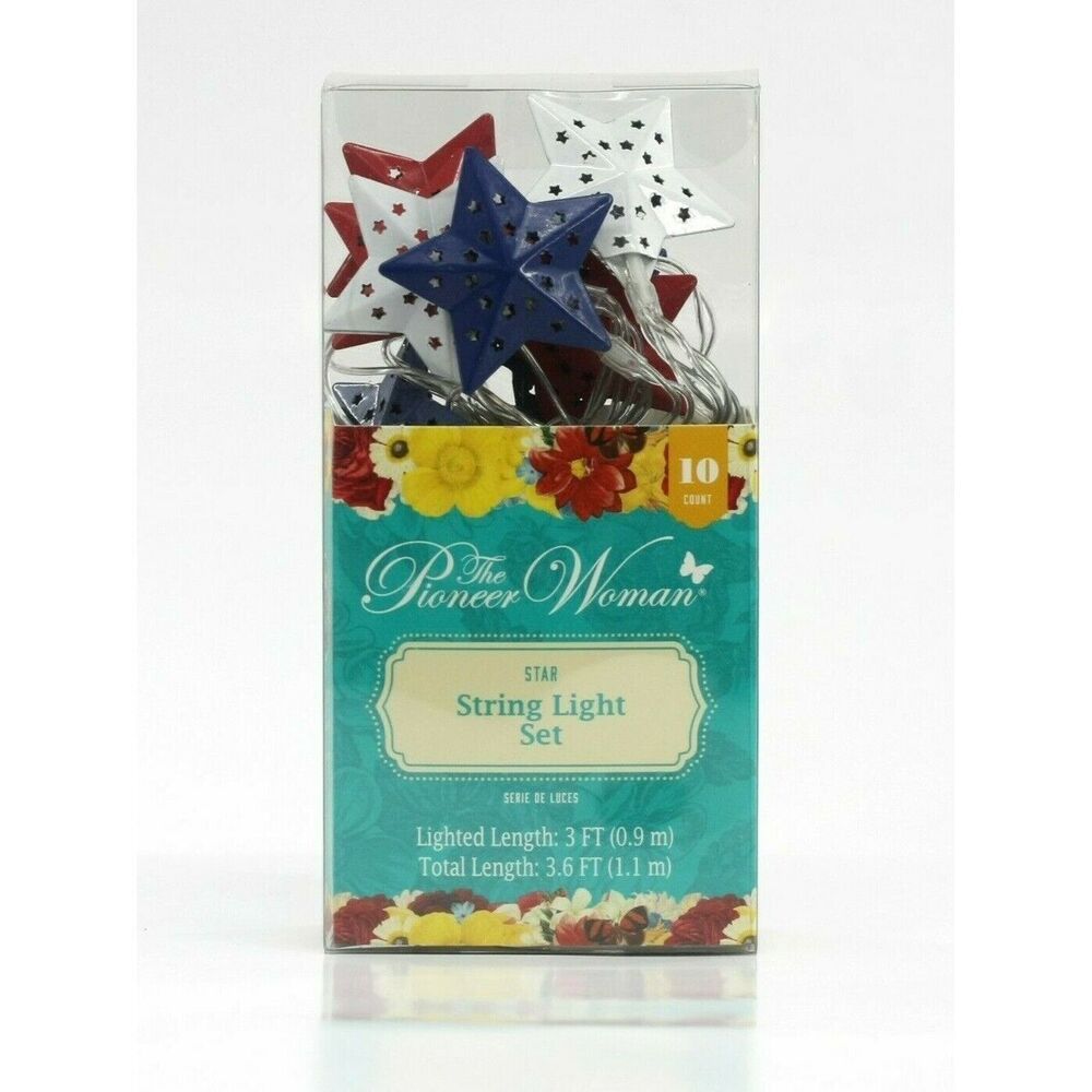 Pioneer Woman Red White Blue Patriotic Stars LED String Lights 10-pc Metal Timer